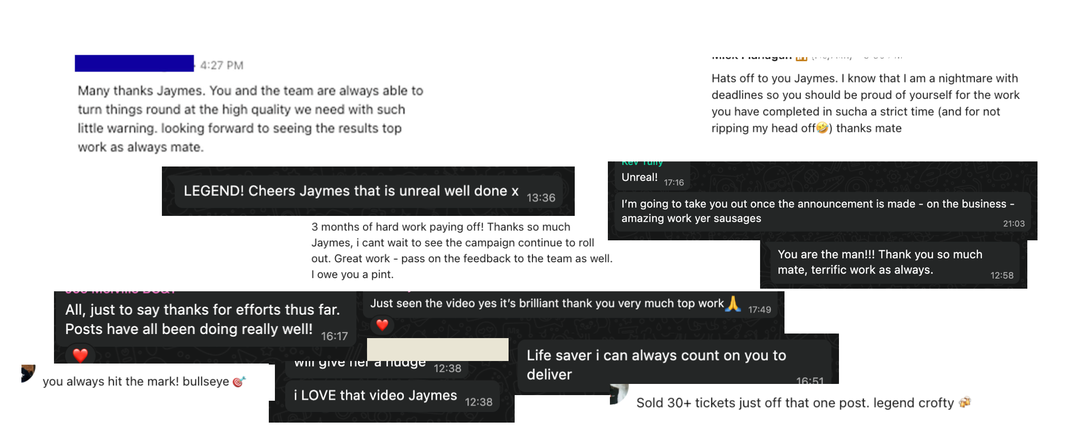 Screenshots of messages from clients praising Jaymes Croft's content and campaign work